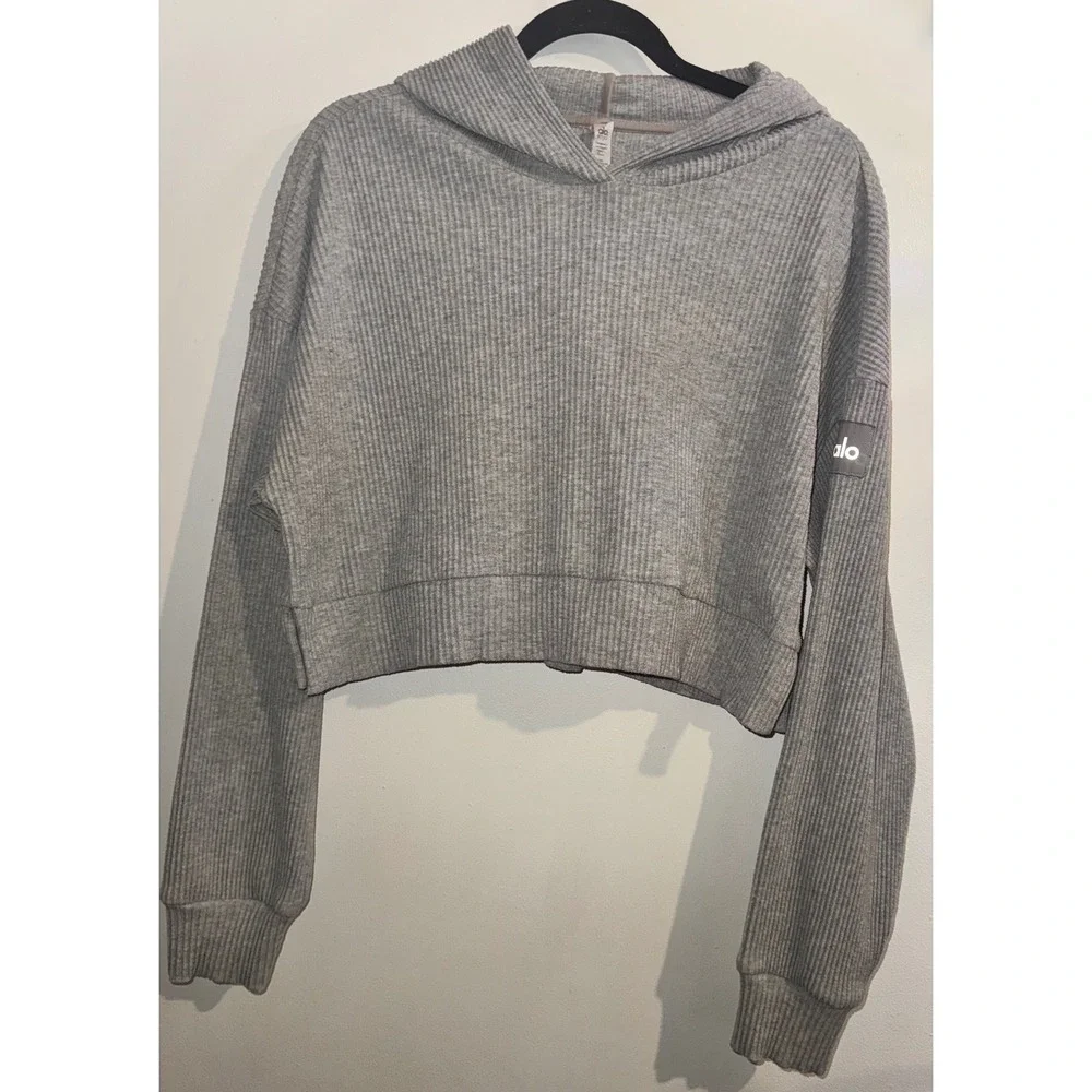Alo Yoga Muse Hoodie Heather Grey Ribbed Knit Cropped Sweatshirt XS